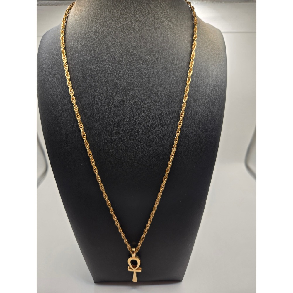 3pc Necklace Set Gold Ankh Rope Chain Silver Rhinestone Cross Geometric Pendant